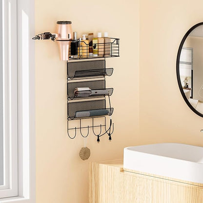 VITVITI Metal Hair Tool Organizer Wall Mount, Hair Dryer Holder with 4 Tier Shelf Basket Hooks, Bathroom Styling Tool Organizer for Curling Iron/Blow Dryer/Straightener, Matte Black