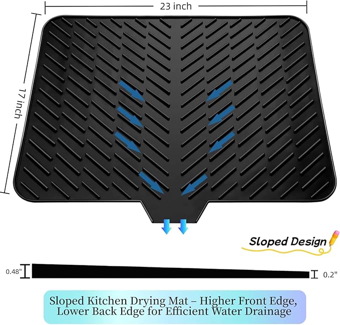 Silicone Drying Mat, 23"X17" With Built-in Drain Lip,Heat-Resistant,Eco-friendly,Hygienic Drying Pad,Leak-Proof and Non-Slip,Silicone Dish Drying Mat for Kitchen Counter or Sink（Black 23X17） - Image 2