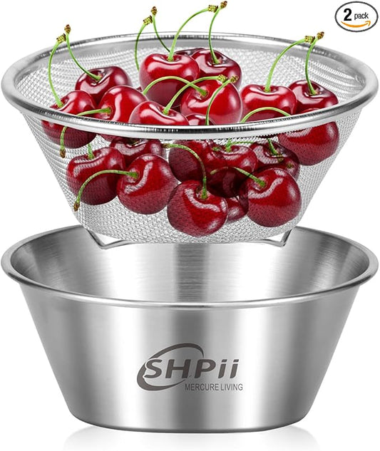 2 Piece Mini 304 Stainless Steel Colander with Mixing Bowl, Kitchen Cooking, Washing Fruits and Vegetables, Back of House Preparation (800ML)