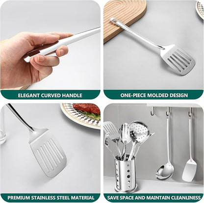 Lazycorner Kitchen Utensils Set, 11pcs Stainless Steel Cooking Utensils Set with Holder – Includes Turners, Potato Masher, Spatula, Spoons, Pasta Server, Tongs, Soup Ladle, Serving Spoon - Image 3