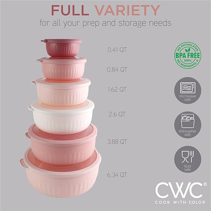 COOK WITH COLOR Prep Bowls with Lids- Wide and Deep Nesting Plastic Small Mixing Bowl Set with Lids, 12 Piece Set - Wide Bowls, Pink - Image 2