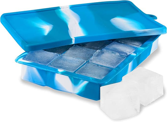 Host Ice Cube Tray with Lid, Makes 15 1.25" Cubes, Durable Silicone Trays, Perfect for Cocktails, Beverages, Mocktails, Iced Coffee, Tea, Infused Water, Kitchen Essentials, Set of 1, Blue Marble