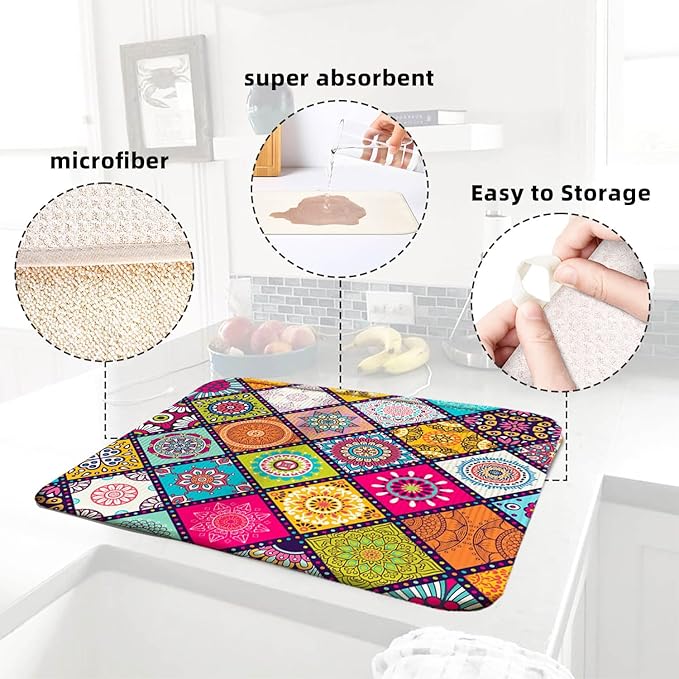 Plaid Floral Large Dish Drying Mats, Reversible Boho Dish Drying Pads for Kitchen Counter Foldable and Stored in a Drawer,18"x24" Extra Large Draining Mat Protect for Kitchen,Bar Counter,Coffee Make - Image 6
