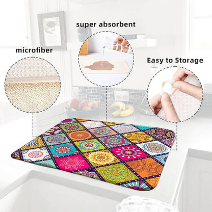 Boho Drying Mat 16" X 18" Abstract Plaid Kitchen Counter Stone Large Dish Drying Mats For Kitchen Colorful Drying Mats For Home Counter Flower Drying Mats For Dishes Dish Table Mat Drying Kitchen Mat - Image 4
