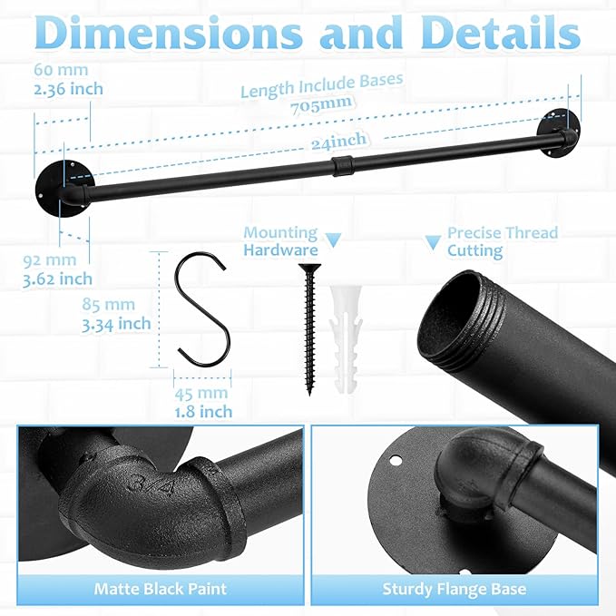 24 inch Pan Rack Wall Mounted Set of 2, Pan Hangers for Kitchen, Industrial Pipe Utensils Hanging Rail Detachable Storage Organizer, Iron Lids Holder with 10 S Hooks - Image 3