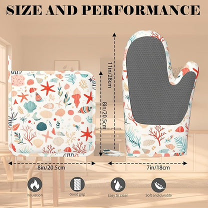 Cartoon Starfish and Shells Oven Mitts and Pot Holders Sets Silicone Kitchen Mitts Potholders Heat Resistant Oven Gloves Hot Pads for Kitchen Baking Cooking BBQ
