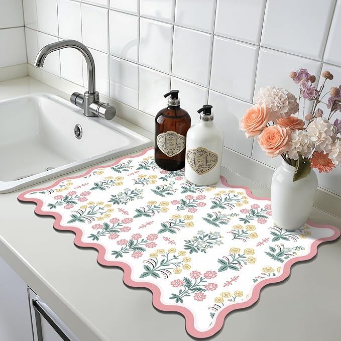 LOKHOM Scalloped Floral Dish Drying Mat, 12"x20" Super Absorbent Coffee Mat with Unique Pink Pastoral Floral, Cuttable Hide Stain Non-slip Drying Mat for Kitchen Counter Coffee Maker Espresso Machine - Image 9