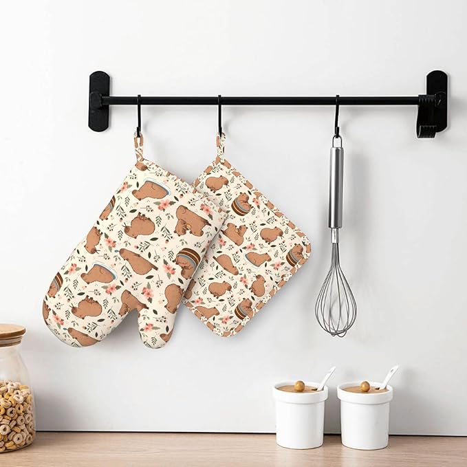 Oven Mitts and Pot Holders Set - Cute Animal Kitchen Gifts Heat Resistant to 500°F, Non-Slip Silicone Grips for Baking, Cooking, Grilling, BBQ Accessories