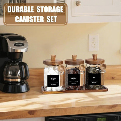 Suclain 3 Pcs Glass Coffee Container with Wooden Lid Spoon Shelf Labels Clear Airtight Jar Food Storage Canister Set for Sugar Spice Coffee Bean Holder Housewarming Gift(20 oz,Acacia Brown) - Image 6