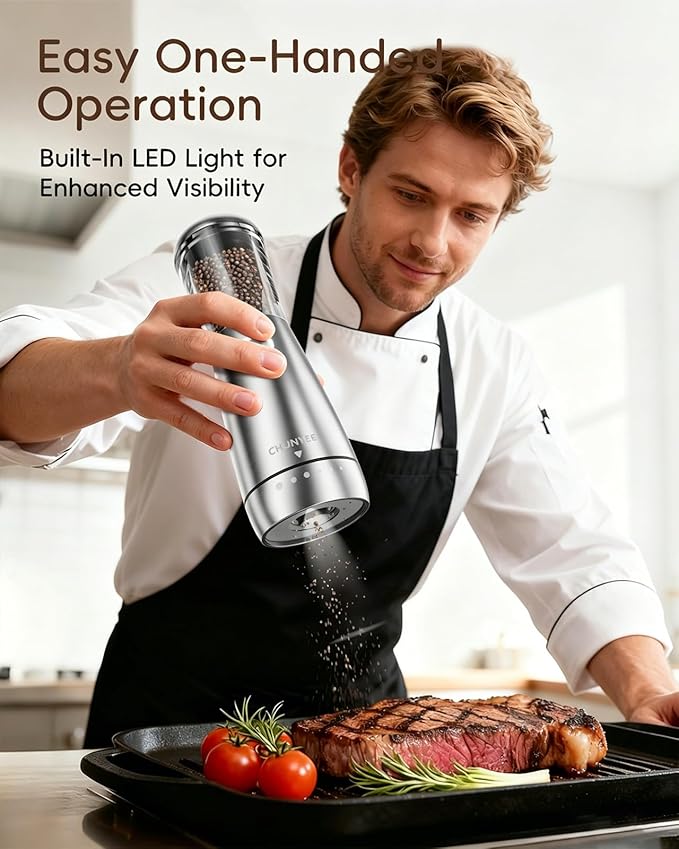 Electric Salt and Pepper Grinder Set - Automatic Stainless Steel Rechargeable Salt and Pepper Grinder Set with Storage Base, Large Capacity, LED Light & Adjustable Coarseness, Ideal Kitchen Gadget - Image 4