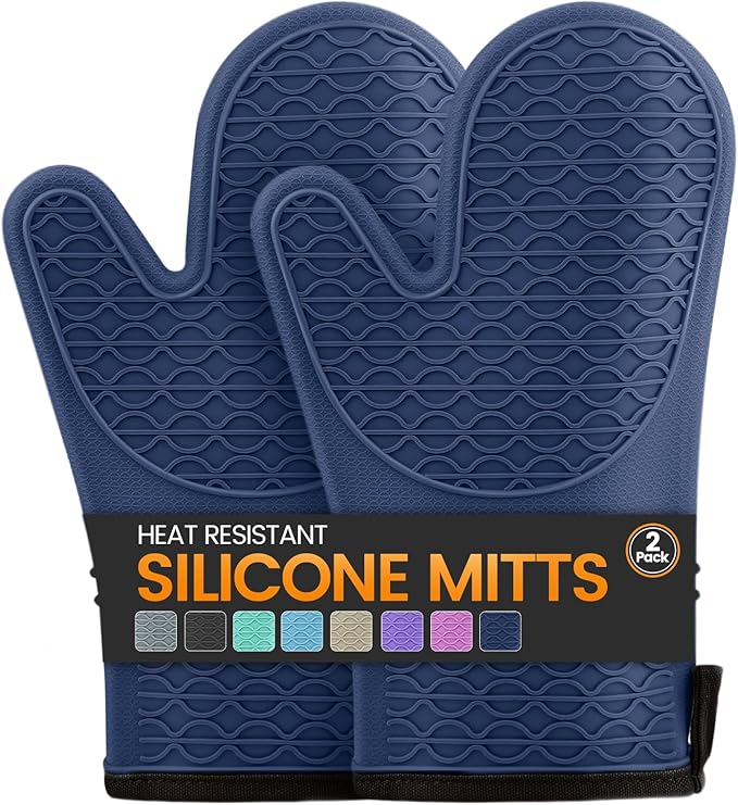 Silicone Oven Mitts, Heat Resistant 2PCS Oven Mitts with Soft Cotton Lining, Waterproof Non-Slip Grip Oven Glove, Kitchen Potholder Mits for BBQ, Baking, Cooking, 12.5 Inch - Dark Blue by Unknown