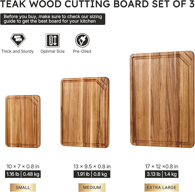 3 Pack Teak Wood Cutting Board Set for Kitchen High-End Non Toxic Non Slip Over Sink Solid Thick Wood Haus Chopping Board Extra Large Big Small Best Kitchen Essential House Warming Hostess Host Gift - Image 2