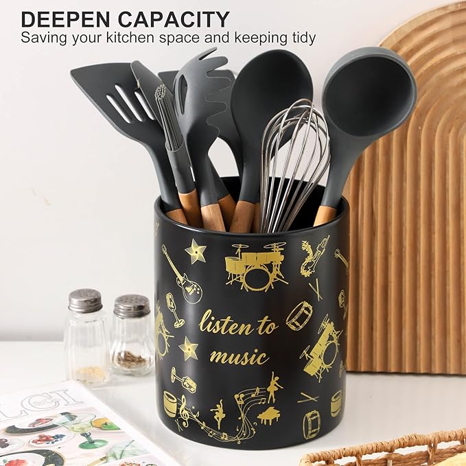 7" Music Utensil Holder, Large Kitchen Utensil Holder Organizer , Black Stable Utensil Crock Spatula Holder for Kitchen Counter Countertop Farmhouse Cooking Tools Holder（Black - Image 4