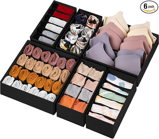 6 Pack Sock Underwear Drawer Organizer Dividers, 58 Cell Foldable Fabric Dresser Closet Organizers and Storage Bins for Clothing, Baby Clothes, Bra, Panty, Scarf, Ties (Black) by Criusia