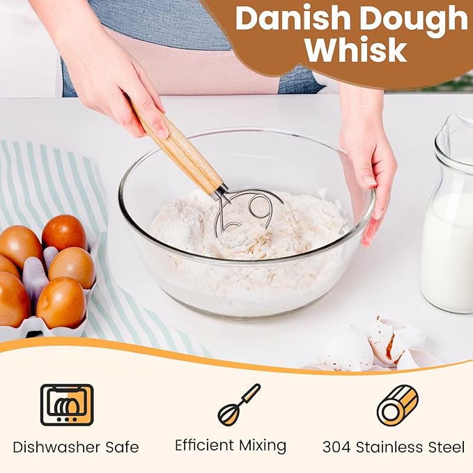 Danish Dough Whisk with Sourdough Scoring Tool, Bread Making Tools and Baking Supplies - Dough Hook Dutch Whisk, Bread Lame, Bench Scraper & Pastry Brush - Image 3