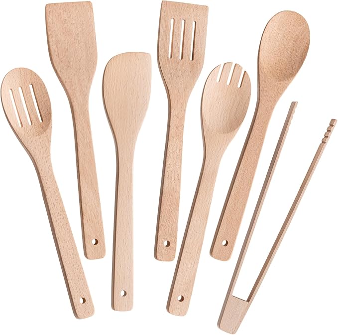 Eisinly Wooden Spoons for Cooking 7-Piece, Kitchen Nonstick Wood Cooking Utensils Set, Durability Wooden Spatula Spoon for Everyday Use, Light Yellow by Eisinly
