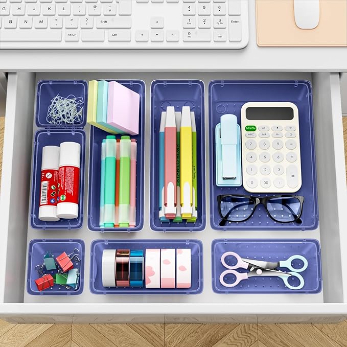 ElegantArray 12 PCS Drawer Organizer Set, 4 Sizes Tool Storage Trays, Clear Plastic Makeup Vanity Organizer and Storage Bins for Stationeries, Multiple Gadgets for Office, Bedroom, Navy Blue - Image 6