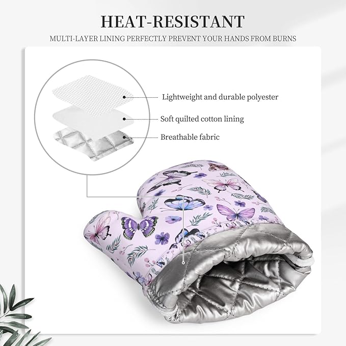 Butterflies Oven Mitts and Pot Holders Set, Cute Kitchen Accessories Heat Resistant to 500°F, Non-Slip Silicone Grips for Baking, Cooking, Grilling, BBQ - Gift Idea