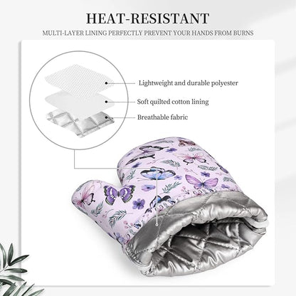Butterflies Oven Mitts and Pot Holders Set, Cute Kitchen Accessories Heat Resistant to 500°F, Non-Slip Silicone Grips for Baking, Cooking, Grilling, BBQ - Gift Idea