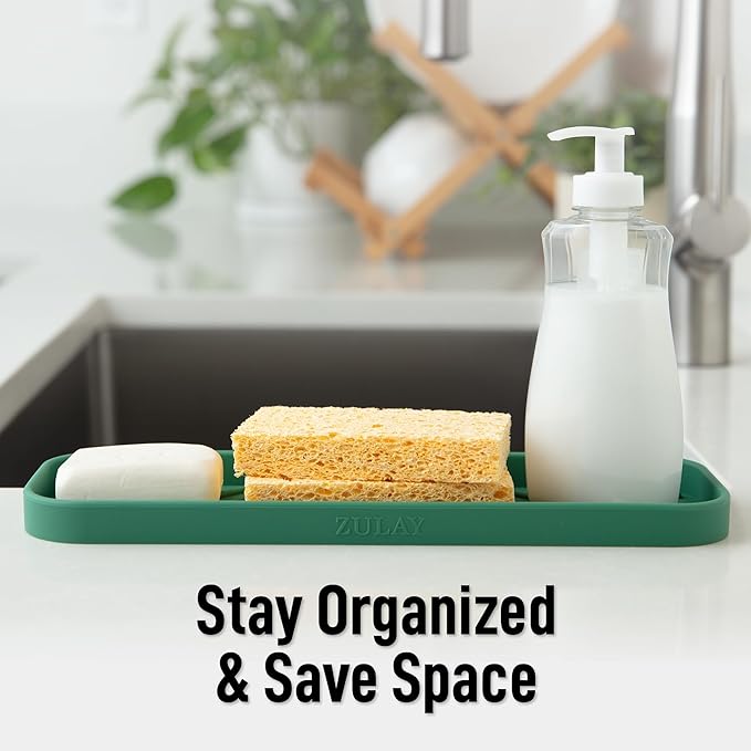 Zulay Kitchen Large Silicone Sponge Holder (12x4) – Flexible Sink Organizer Tray for Kitchen & Bathroom – Multipurpose Soap Dish for Sponges, Makeup, Trinkets & More (Pine Green) - Image 6