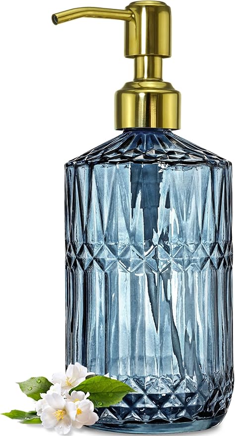 JASAI 18Oz Blue Glass Soap Dispenser with Golden Pump, Refillable Bathroom soap Dispenser with Thick Glass, Clear Kitchen Soap Dispenser for Dish Soap, Hand soap, Lotion.(Blue) by JASAIHOME