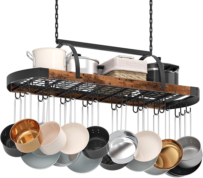 CHOEZON Hanging Pot Rack, Pot Hanger for Kitchen, Ceiling Mounted Pot Holder, Cookware Organizer with 24 S-Shaped Hooks, for Pot, Pan Storage, Space-Saving, Rustic Brown and Black TPR28BF - Image 9