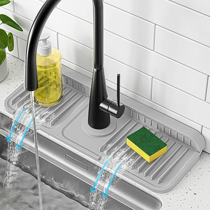 PoYang 14.6 inch Faucet Mat for Kitchen Sink Splash Guard, 7° Slope Silicone Sink Water Splash Guard for Kitchen Sink Area with Snap, Long Sink Protectors for kitchen Sink Sponge Holder, Light Grey