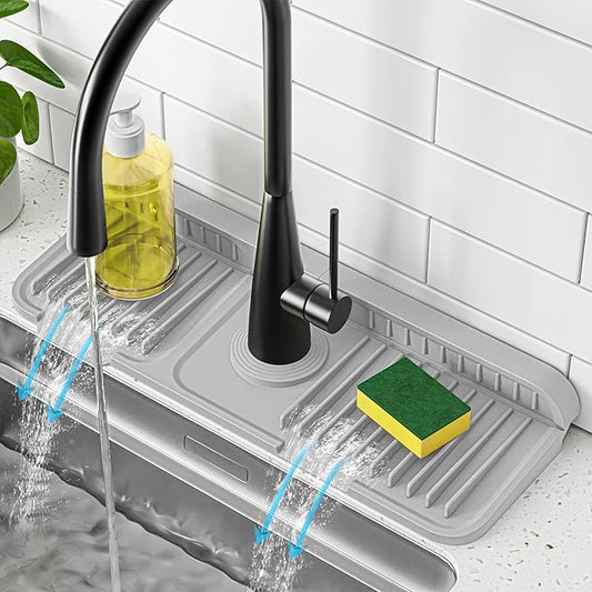 PoYang 14.6 inch Faucet Mat for Kitchen Sink Splash Guard, 7° Slope Silicone Sink Water Splash Guard for Kitchen Sink Area with Snap, Long Sink Protectors for kitchen Sink Sponge Holder, Light Grey