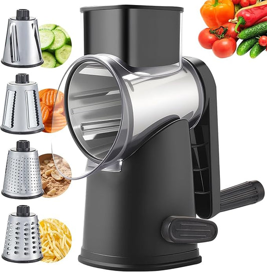 Weltonhm Rotary Cheese Grater with 4 Blades, Large Hand Crank Cheese Grater with Waffle Slicer, Black and White Cheese Slicer with Suction Base, Easier for Shredding& Grating (black, 4 Graters)
