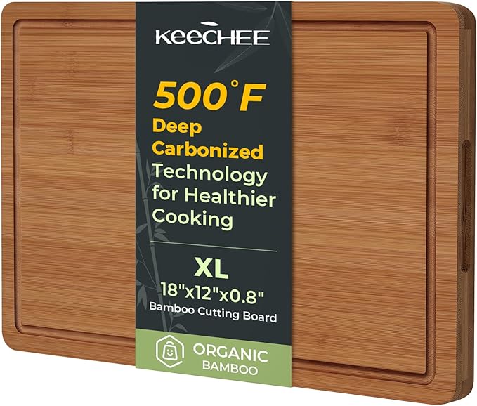 Keechee Extra Large Bamboo Cutting Board for Kitchen - 18 Inch Wood XL Cutting Boards with Juice Groove and Handles, Wooden Chopping Board for Meat, Cheese, Fruit & Vegetables (Pre Oiled, Brown) by Keechee