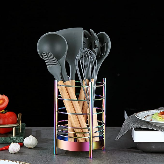 Rainbow Kitchen Utensil Holder for Kitchen Counter, Stainless Steel Utensil Crocks, Rainbow Titanium Coating Utensil Storage Caddy Organizer, Cooking Utensil Holder, Easy Cleaning(Rainbow/7.4''x5.2'') - Image 5