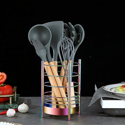 Rainbow Kitchen Utensil Holder for Kitchen Counter, Stainless Steel Utensil Crocks, Rainbow Titanium Coating Utensil Storage Caddy Organizer, Cooking Utensil Holder, Easy Cleaning(Rainbow/7.4''x5.2'') - Image 5