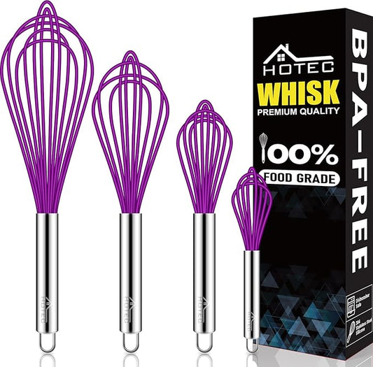 HOTEC 4 Pieces Silicone Whisks Set, Wire Balloon Whisks Egg Beater, Non-slip Handle Whisk for Non-stick Cookware Perfect for Cooking, Stirring, Beating and Blending (Purple) by Hotec