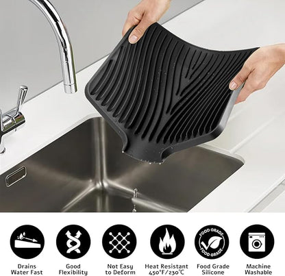 TIKNIK Silicone Dish Drying Mat, Stone Drying Mat for Kitchen Counter with Built-In Drain, Non-Slip Drain Pad with Built-in Drain, Heat Resistant Stone Drying Mat, Hangable, Black-2pcs, 16" x 12" - Image 5