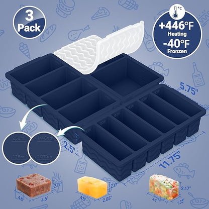 3-Pack Silicone Freezer Trays with Lid,2 Large 2-Cup(500ml)&4 Medium 1-Cup(250ml)&6 Small 1/2-Cup(125ml) Soup Freezer Container Molds,Ice Cube Tray For Meal Prep&Freezing Soup,Stews,Sauces