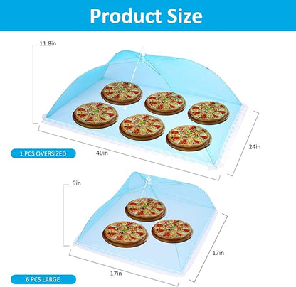 Mesh Food Covers for Outside, 5 Pack Pop-Up Food Tents with 100 Plastic Bowl Covers, Reusable Food Protectors for Picnics, Barbecues, Buffets (Light Blue)