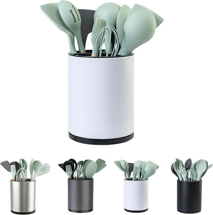 LIBODOUR Kitchen Utensil Holder Extra Large 360°Rotating For Counter Organizer Stainless Steel Storage Cooking Silverware Caddy 3 Compartment Flatware Spoon Spatula Tool Cutlery Container（White） by ModernandFarmhouseUtensilHolder