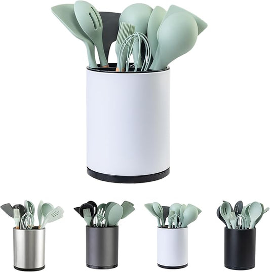 LIBODOUR Kitchen Utensil Holder Extra Large 360°Rotating For Counter Organizer Stainless Steel Storage Cooking Silverware Caddy 3 Compartment Flatware Spoon Spatula Tool Cutlery Container（White） by ModernandFarmhouseUtensilHolder
