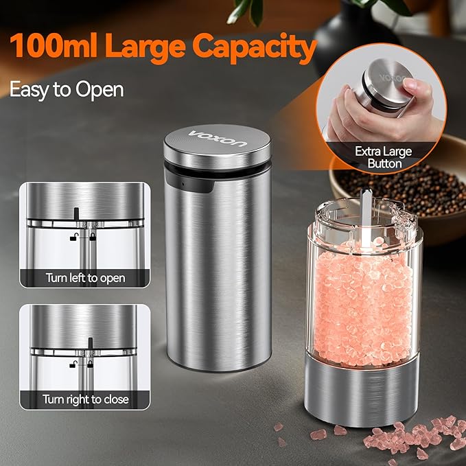 VOXON Update Electric Salt and Pepper Grinder Set Rechargeable Stainless Steel, LED Light, 100ML Capacity, 5 Levels Adjustable Coarseness, Automatic Salt and Pepper Grinder Set One Handed Operation