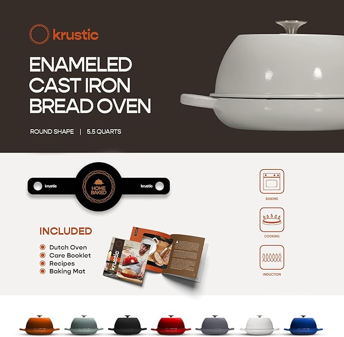 Krustic Enameled Cast Iron Dutch Oven for Sourdough Bread Baking | 6 Quart Pot with Lid | 10 Inch Ceramic Enamel Thick Coated Cookware Set with Non Stick Silicone Baking Mat for Cooking | 6 Qt | White