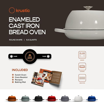 Krustic Enameled Cast Iron Dutch Oven for Sourdough Bread Baking | 6 Quart Pot with Lid | 10 Inch Ceramic Enamel Thick Coated Cookware Set with Non Stick Silicone Baking Mat for Cooking | 6 Qt | White