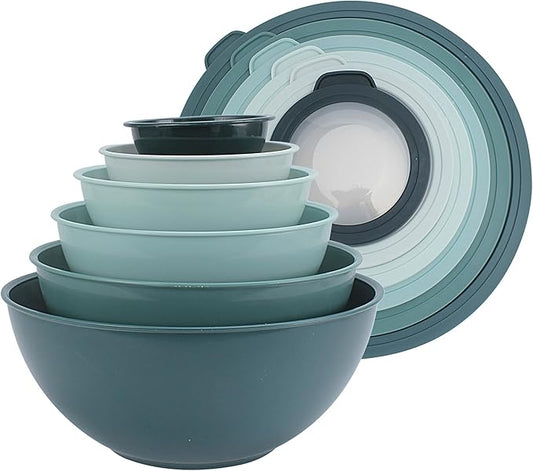 COOK WITH COLOR Mixing Bowls with TPR Lids - 12 Piece Plastic Nesting Bowls Set includes 6 Prep Bowls and 6 Lids, Microwave Safe Mixing Bowl Set (Teal) by CookwithColor