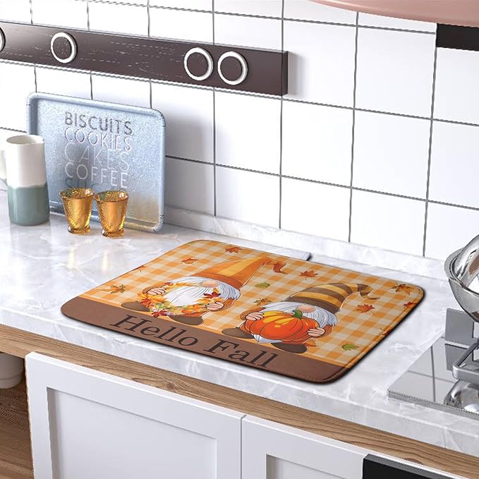 Hello Fall Autumn Gnomes Dish Drying Mat 18x24 Thanksgiving Pumpkin Maple Leaves Harvest Kitchen Drying Mat Orange White Buffalo Plaid Dish Drainer Mat Ultra Absorbent Dish Rack Pad for Coffee Bar - Image 5