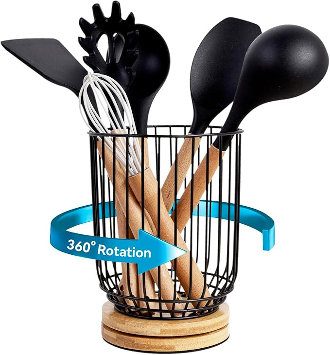 WDT Tool Utensil holder for Kitchen Counter，Large Utensils Holder For Farmhouse Cooking, Utensil Caddy Spatula Holder (Rotating+Metal+Bamboo-1) by WDT+Tool