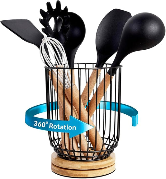 WDT Tool Utensil holder for Kitchen Counter，Large Utensils Holder For Farmhouse Cooking, Utensil Caddy Spatula Holder (Rotating+Metal+Bamboo-1) by WDT+Tool