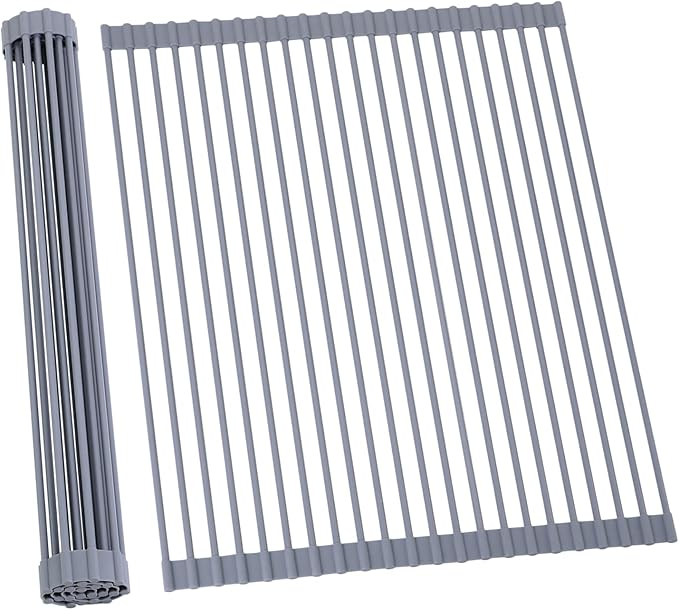 Ohuhu Sink Drying Rack, 20.5" W x 16.1" L Over The Sink Roll-Up Dish Drainer - Rolling Foldable Accessories Heat-Resistant Mat Anti-Slip Silicone Coated Multipurpose for Kitchen Counter by Ohuhu