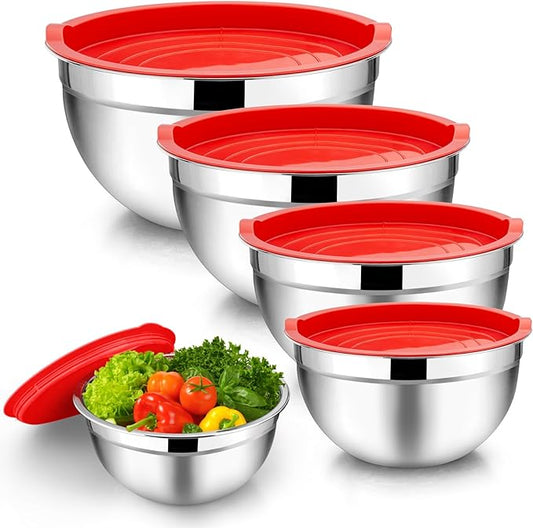 TeamFar Mixing Bowls, 4.5/3/1.5/1/0.7 QT, Stainless Steel Metal Nesting Salad Bowl with Lid Set, Ideal for Mixing Serving, Non-Toxic & Sturdy, Airtight Lid & Easy Clean, Red-Set of 5 by TeamFar
