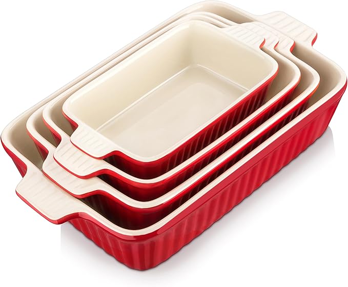 Bakeware Set of 4, MALACASA Porcelain Baking Pans Set for Oven, Casserole Dish, Ceramic Rectangular Baking Dish Lasagna Pans for Cooking Cake Pie Dinner Kitchen, Red (9.5"/11.25"/12.75"/14.5") by MALACASA