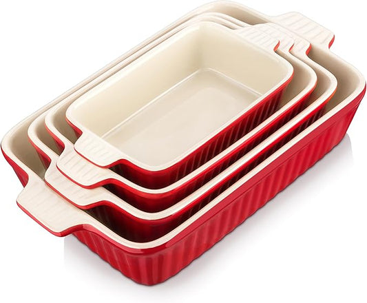 Bakeware Set of 4, MALACASA Porcelain Baking Pans Set for Oven, Casserole Dish, Ceramic Rectangular Baking Dish Lasagna Pans for Cooking Cake Pie Dinner Kitchen, Red (9.5"/11.25"/12.75"/14.5") by MALACASA