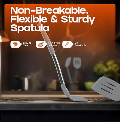 BakeRoyal Silicone Spatula Set - Turner Spatulas Silicone Heat Resistant 600°F - Slotted & Solid Spatula for Cooking Fish, Eggs, Pancakes Flipper – Spatulas for kitchen use – Gray - Image 6